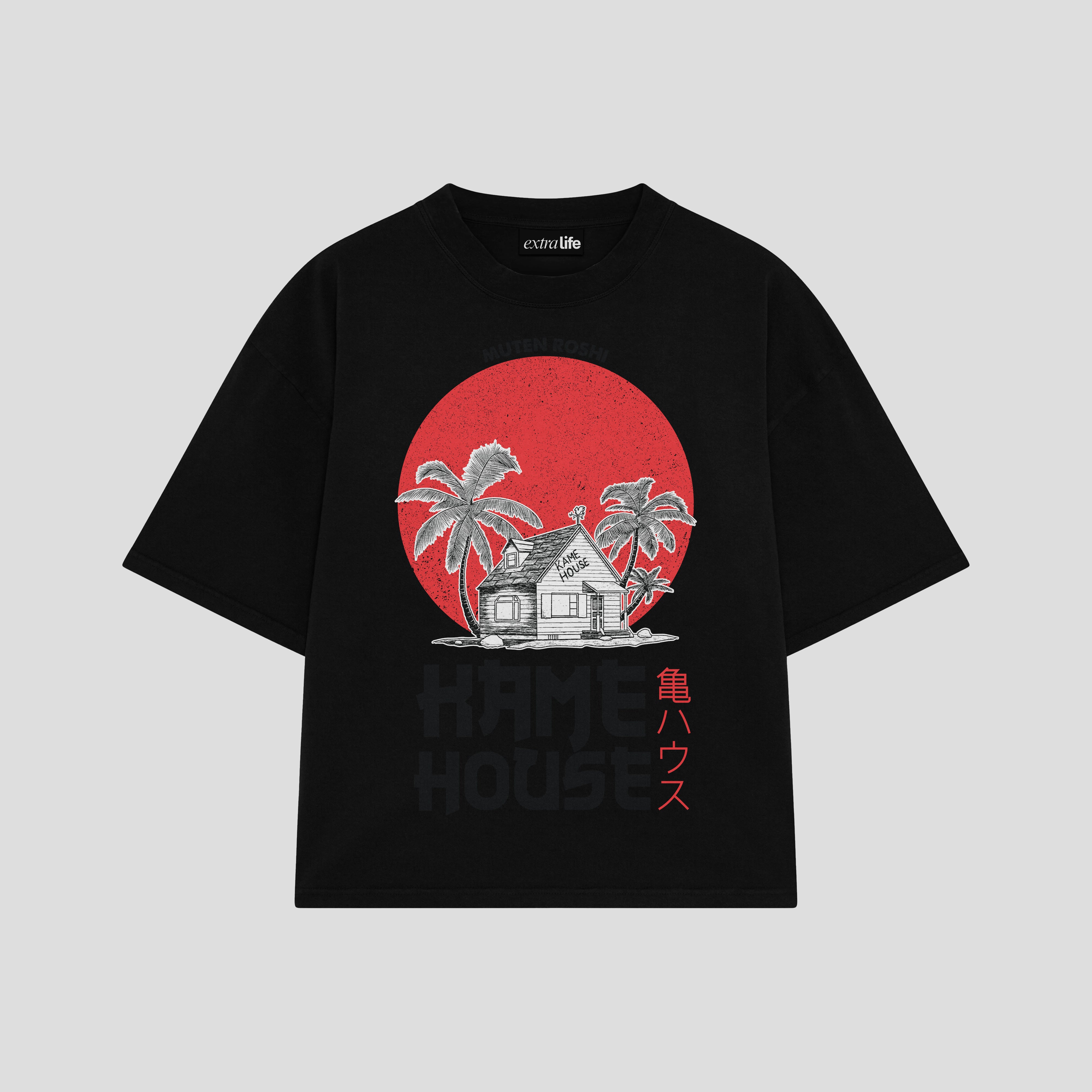 Playera streetwear premium de anime y gaming ExtraLife MX, corte boxy oversized drop shoulder heavyweight en color Deep Black y Off-White, moda urbana mexicana de culto.