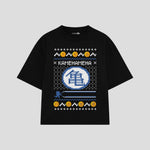 Playera streetwear premium de anime y gaming ExtraLife MX, corte boxy oversized drop shoulder heavyweight en color Deep Black y Off-White, moda urbana mexicana de culto.