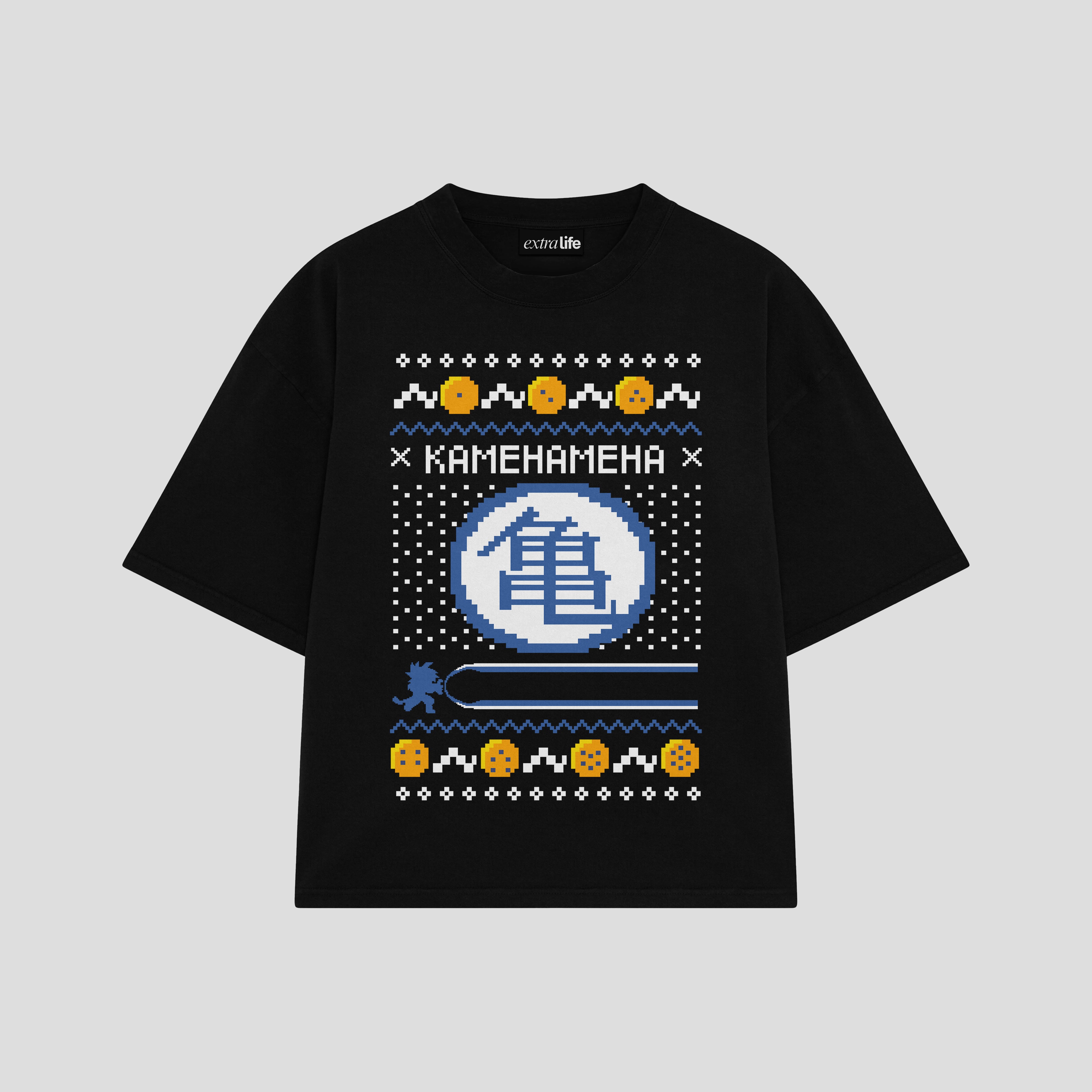 Playera streetwear premium de anime y gaming ExtraLife MX, corte boxy oversized drop shoulder heavyweight en color Deep Black y Off-White, moda urbana mexicana de culto.