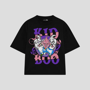 Playera streetwear premium de anime y gaming ExtraLife MX, corte boxy oversized drop shoulder heavyweight en color Deep Black y Off-White, moda urbana mexicana de culto.