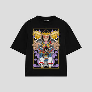 Playera streetwear premium de anime y gaming ExtraLife MX, corte boxy oversized drop shoulder heavyweight en color Deep Black y Off-White, moda urbana mexicana de culto.