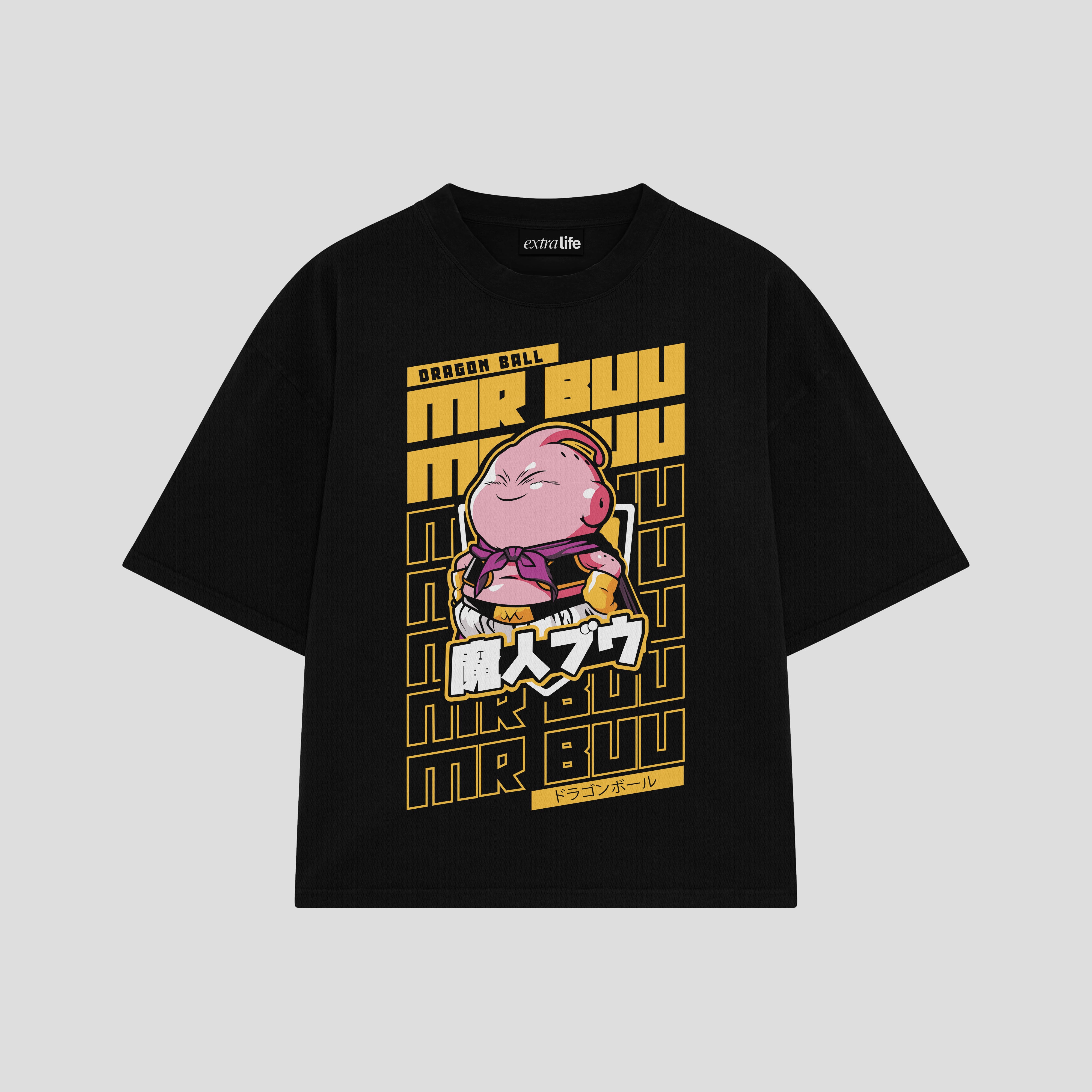 Playera streetwear premium de anime y gaming ExtraLife MX, corte boxy oversized drop shoulder heavyweight en color Deep Black y Off-White, moda urbana mexicana de culto.