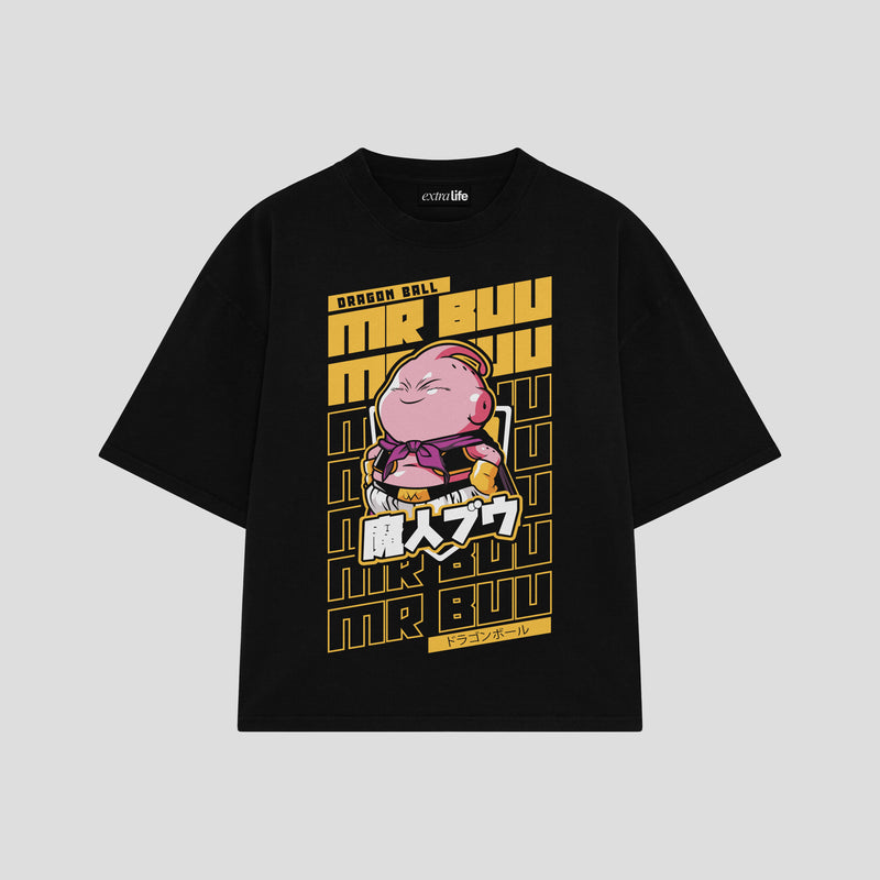 Playera streetwear premium de anime y gaming ExtraLife MX, corte boxy oversized drop shoulder heavyweight en color Deep Black y Off-White, moda urbana mexicana de culto.