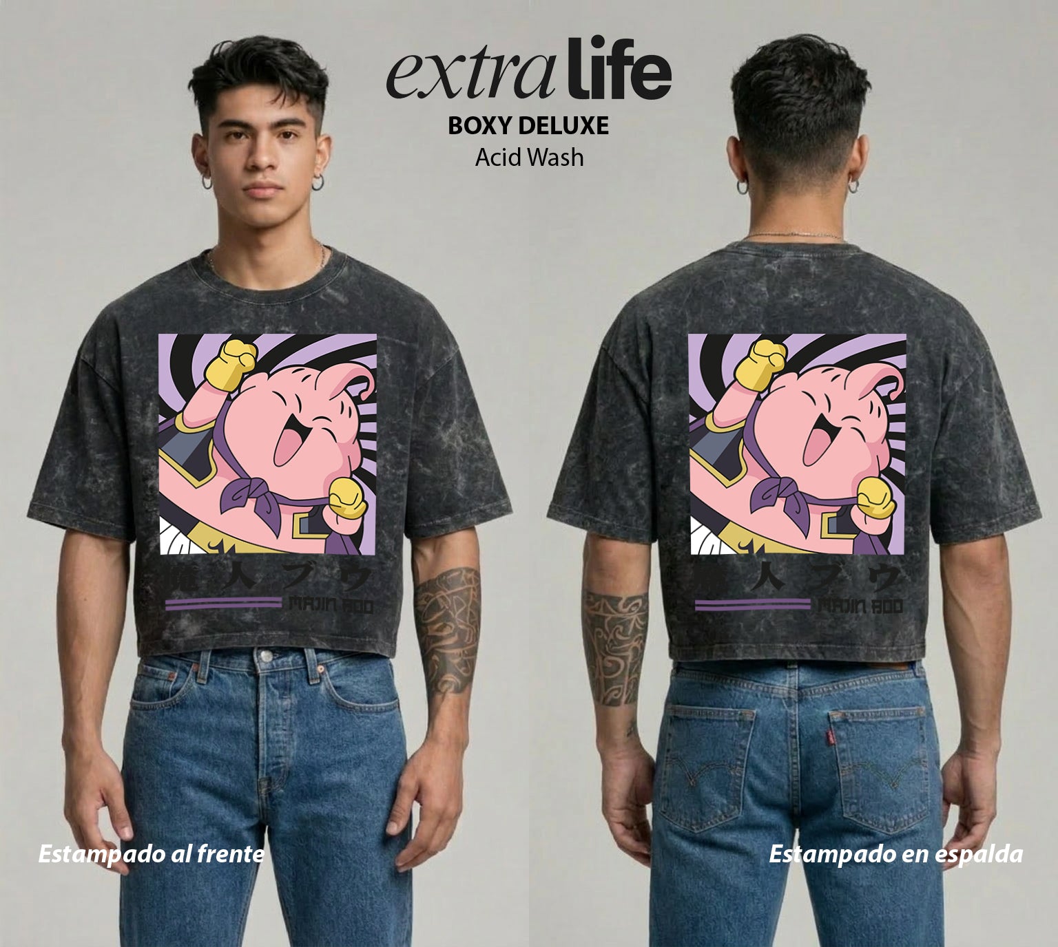 Playera streetwear premium de anime y gaming ExtraLife MX, corte boxy deluxe mineral wash heavyweight en color Acid Wash, moda urbana mexicana de culto.