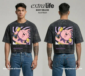 Playera streetwear premium de anime y gaming ExtraLife MX, corte boxy deluxe mineral wash heavyweight en color Acid Wash, moda urbana mexicana de culto.