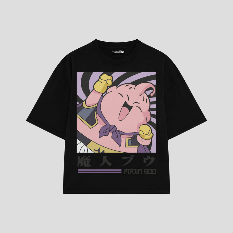 Playera streetwear premium de anime y gaming ExtraLife MX, corte boxy oversized drop shoulder heavyweight en color Deep Black y Off-White, moda urbana mexicana de culto.