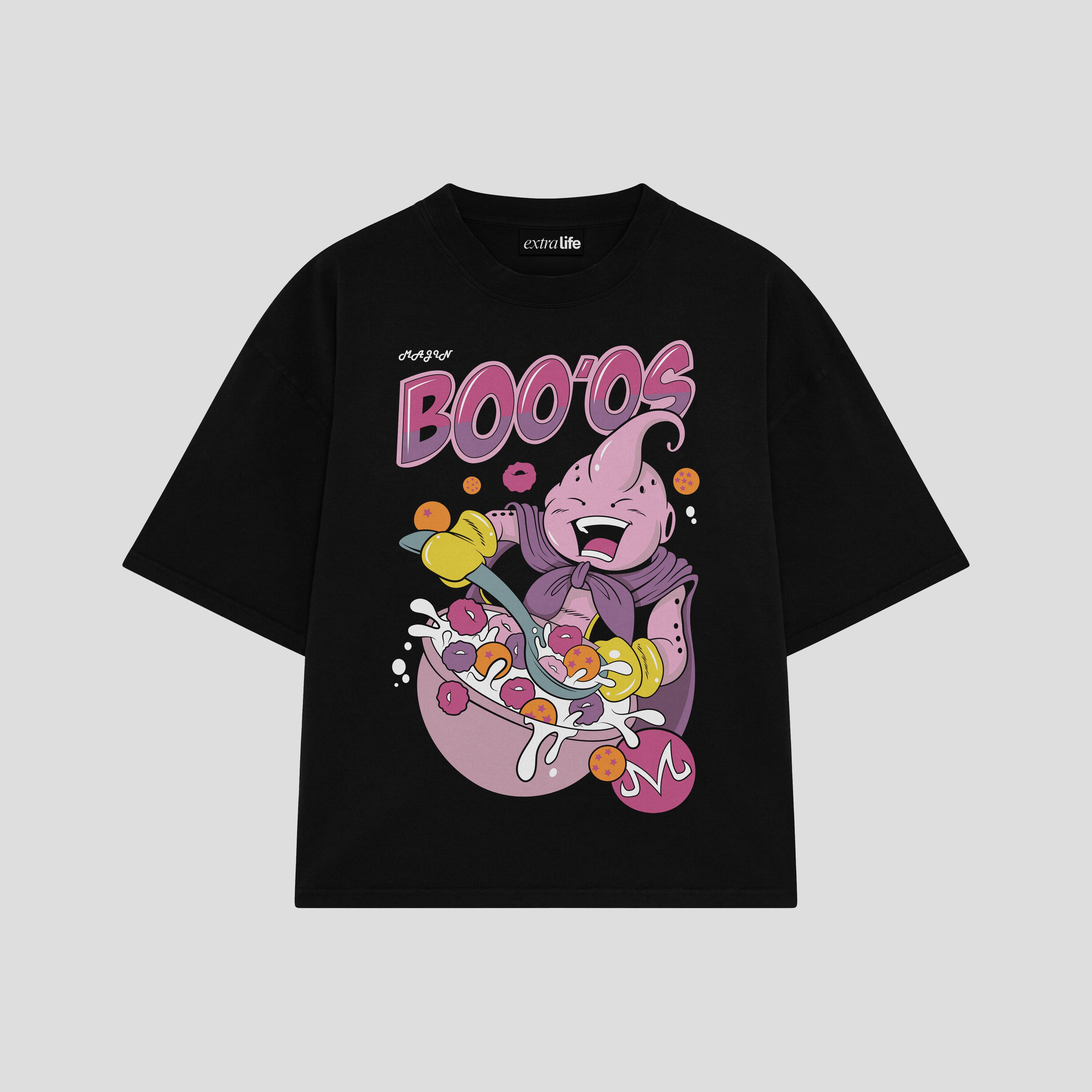 Playera streetwear premium de anime y gaming ExtraLife MX, corte boxy oversized drop shoulder heavyweight en color Deep Black y Off-White, moda urbana mexicana de culto.