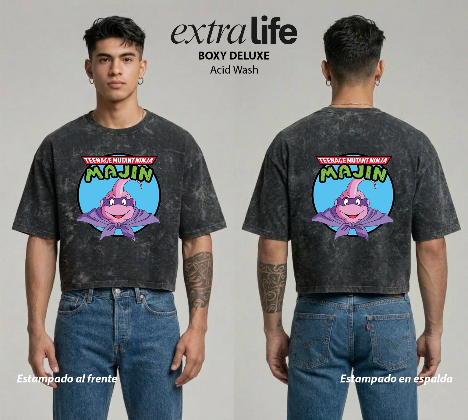 Playera streetwear premium de anime y gaming ExtraLife MX, corte boxy deluxe mineral wash heavyweight en color Acid Wash, moda urbana mexicana de culto.