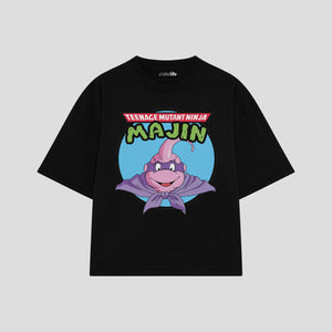 Playera streetwear premium de anime y gaming ExtraLife MX, corte boxy oversized drop shoulder heavyweight en color Deep Black y Off-White, moda urbana mexicana de culto.