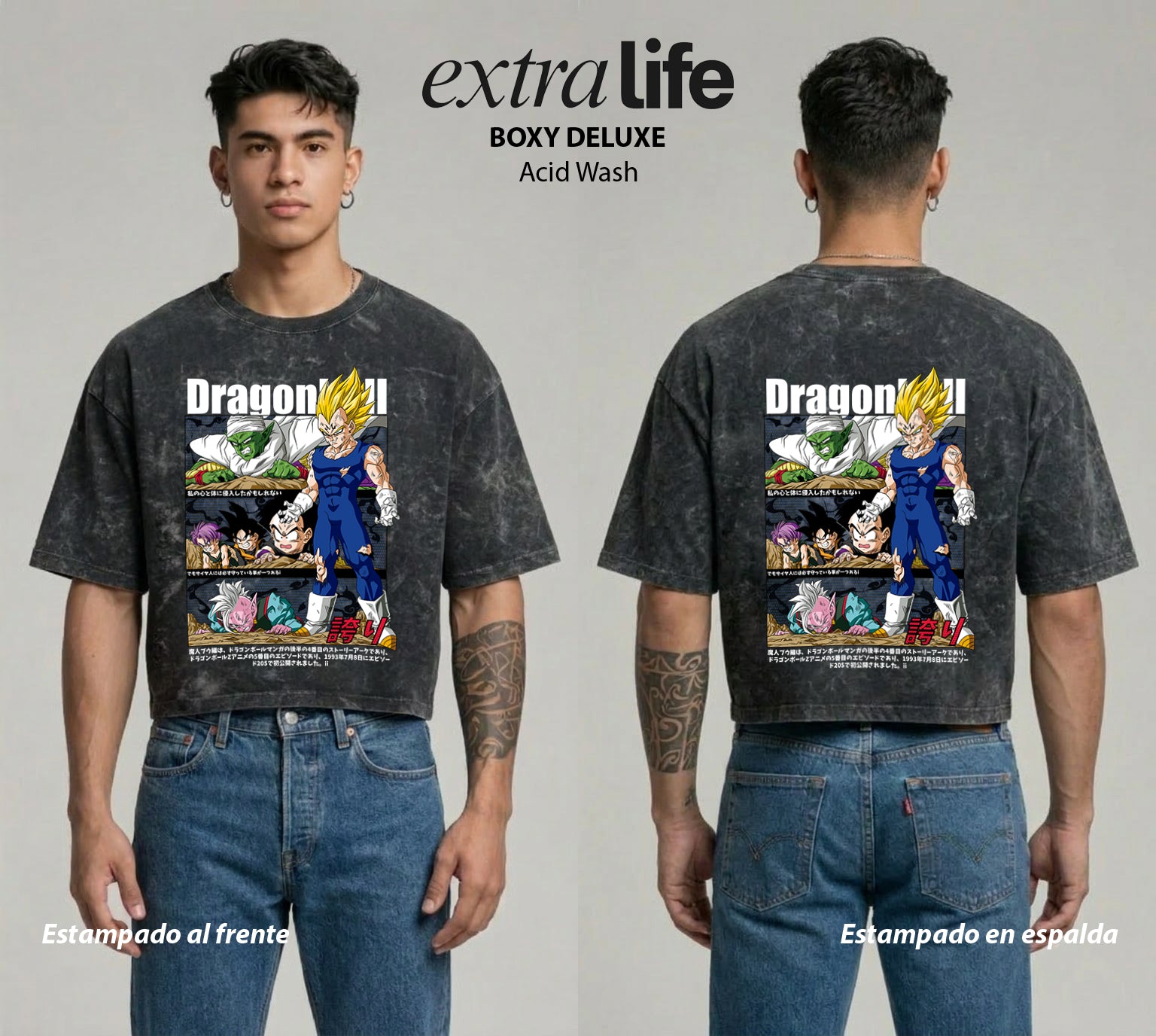 Playera streetwear premium de anime y gaming ExtraLife MX, corte boxy deluxe mineral wash heavyweight en color Acid Wash, moda urbana mexicana de culto.