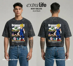 Playera streetwear premium de anime y gaming ExtraLife MX, corte boxy deluxe mineral wash heavyweight en color Acid Wash, moda urbana mexicana de culto.