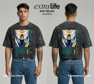 Playera streetwear premium de anime y gaming ExtraLife MX, corte boxy deluxe mineral wash heavyweight en color Acid Wash, moda urbana mexicana de culto.