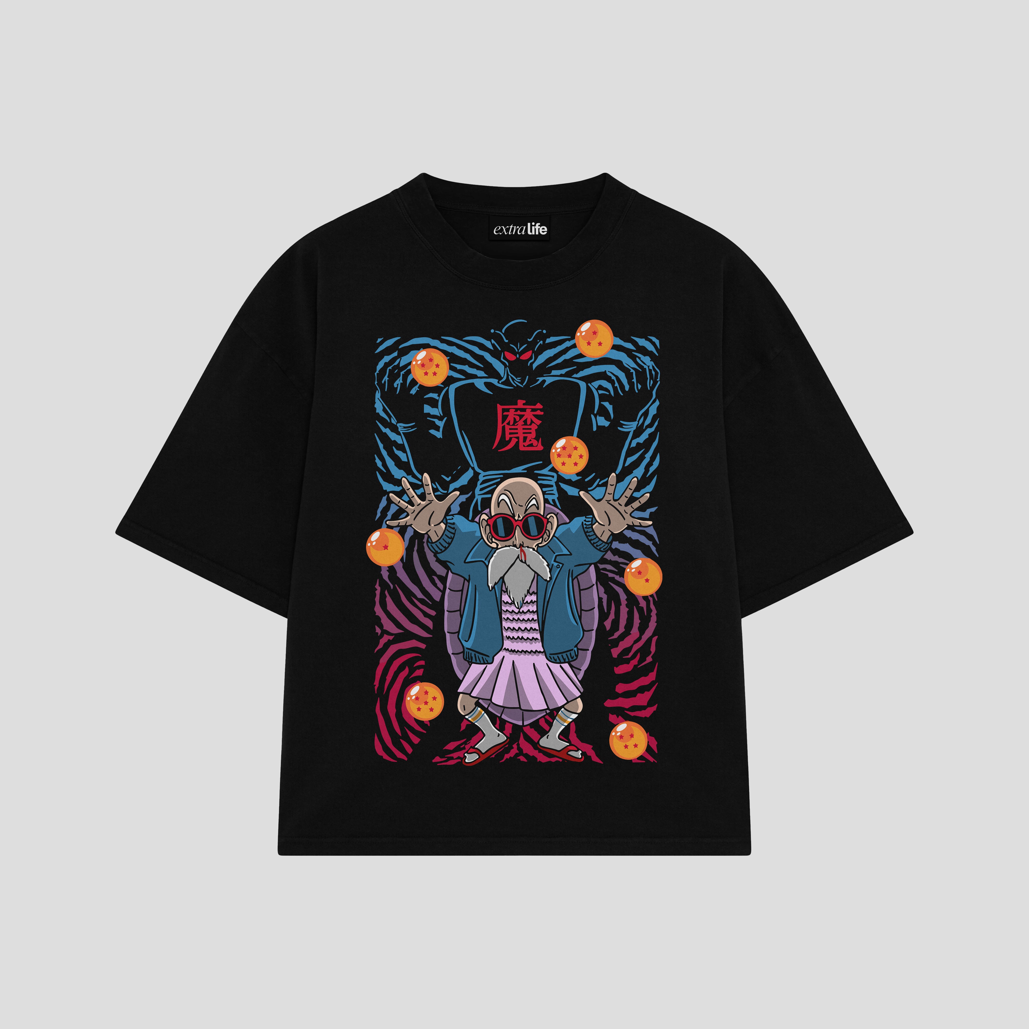 Playera streetwear premium de anime y gaming ExtraLife MX, corte boxy oversized drop shoulder heavyweight en color Deep Black y Off-White, moda urbana mexicana de culto.