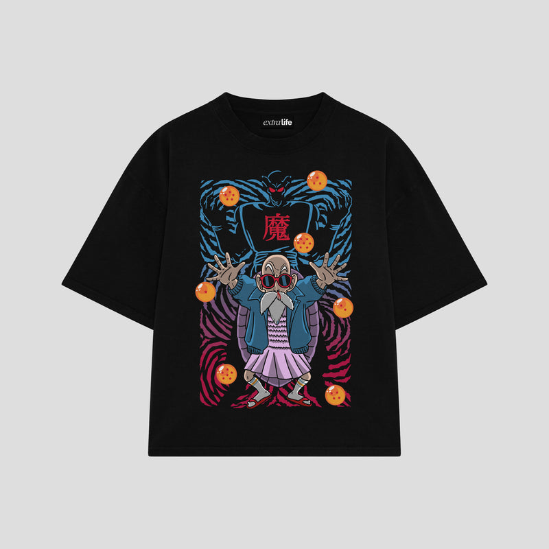 Playera streetwear premium de anime y gaming ExtraLife MX, corte boxy oversized drop shoulder heavyweight en color Deep Black y Off-White, moda urbana mexicana de culto.