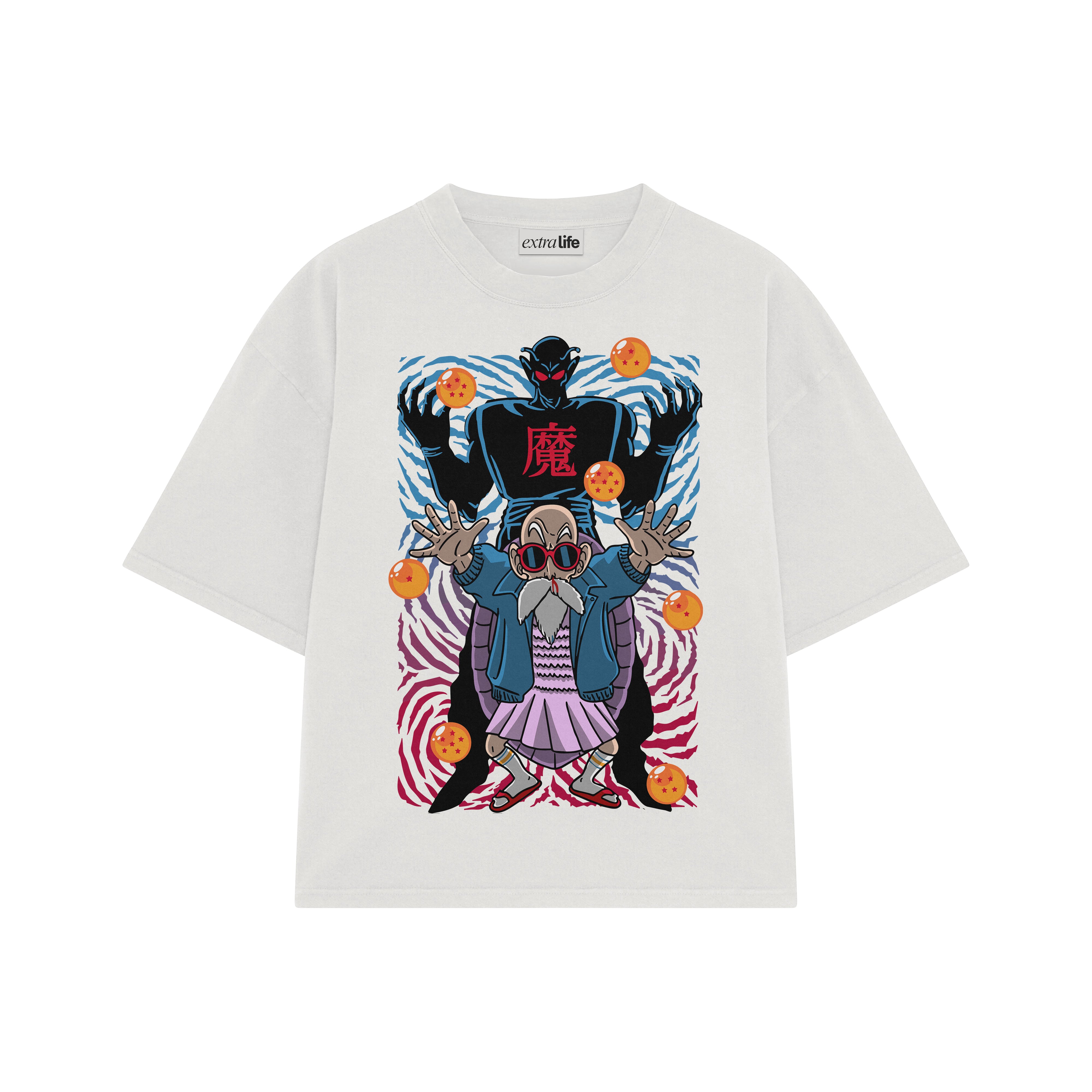 Playera streetwear premium de anime y gaming ExtraLife MX, corte boxy oversized drop shoulder heavyweight en color Deep Black y Off-White, moda urbana mexicana de culto.