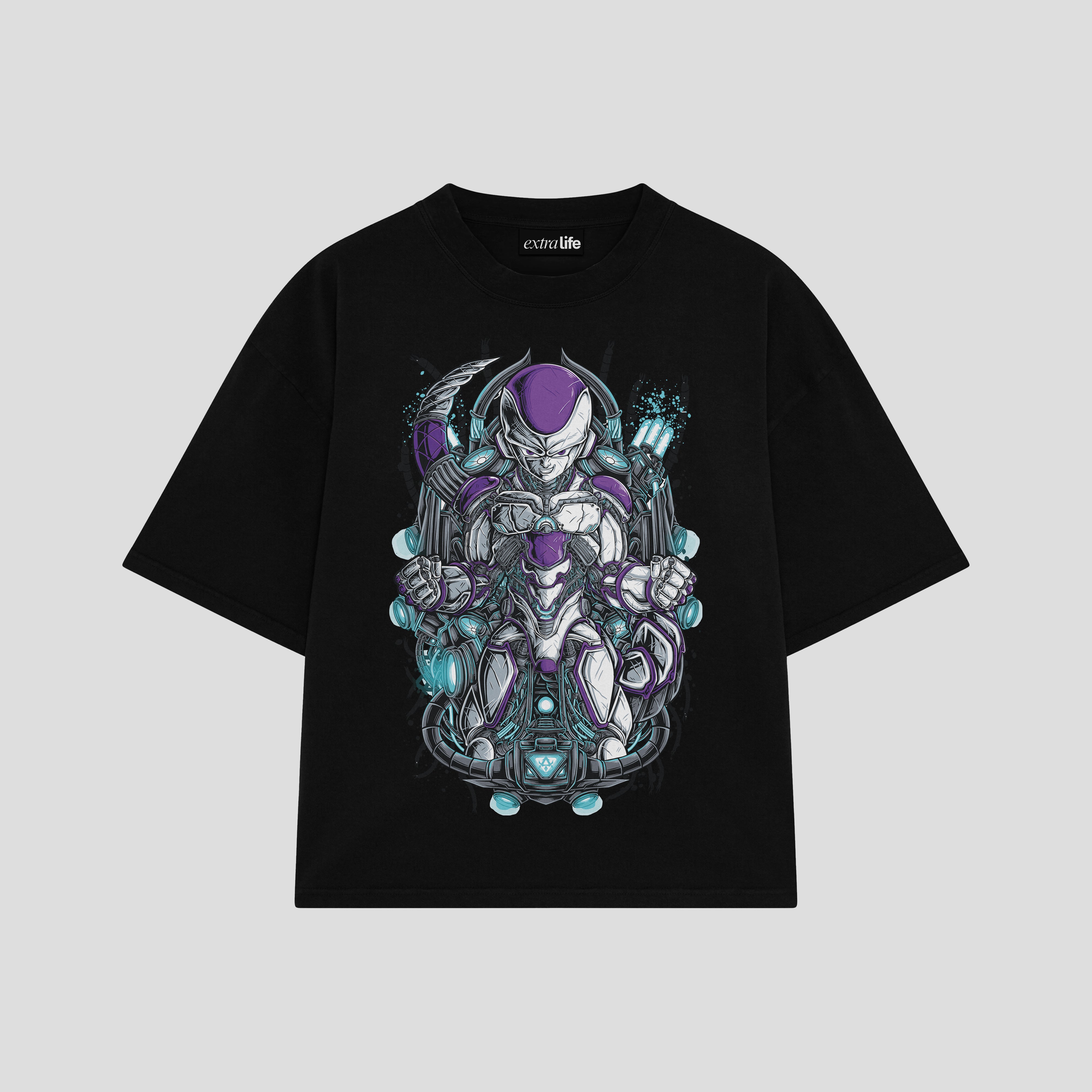 Playera streetwear premium de anime y gaming ExtraLife MX, corte boxy oversized drop shoulder heavyweight en color Deep Black y Off-White, moda urbana mexicana de culto.
