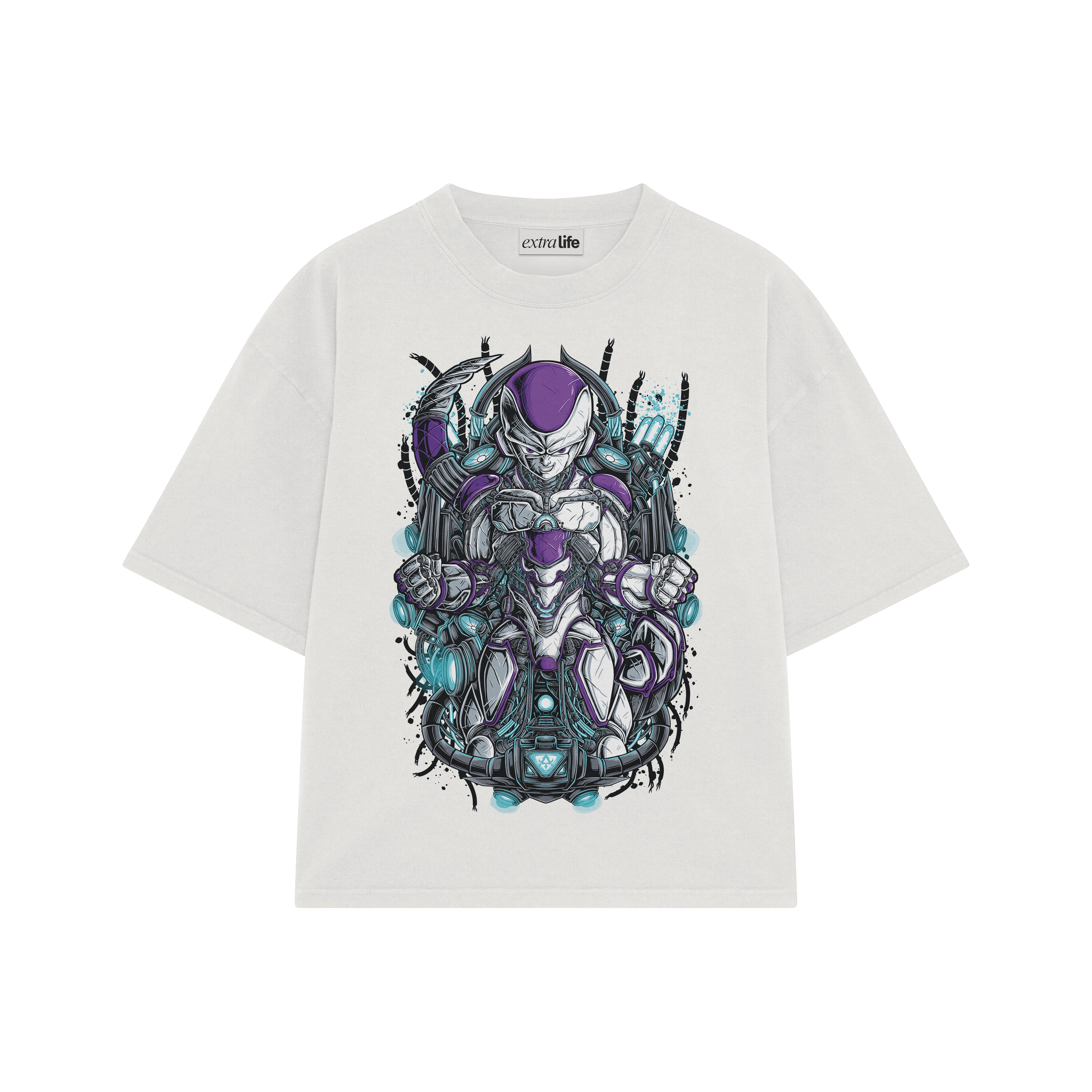 Playera streetwear premium de anime y gaming ExtraLife MX, corte boxy oversized drop shoulder heavyweight en color Deep Black y Off-White, moda urbana mexicana de culto.