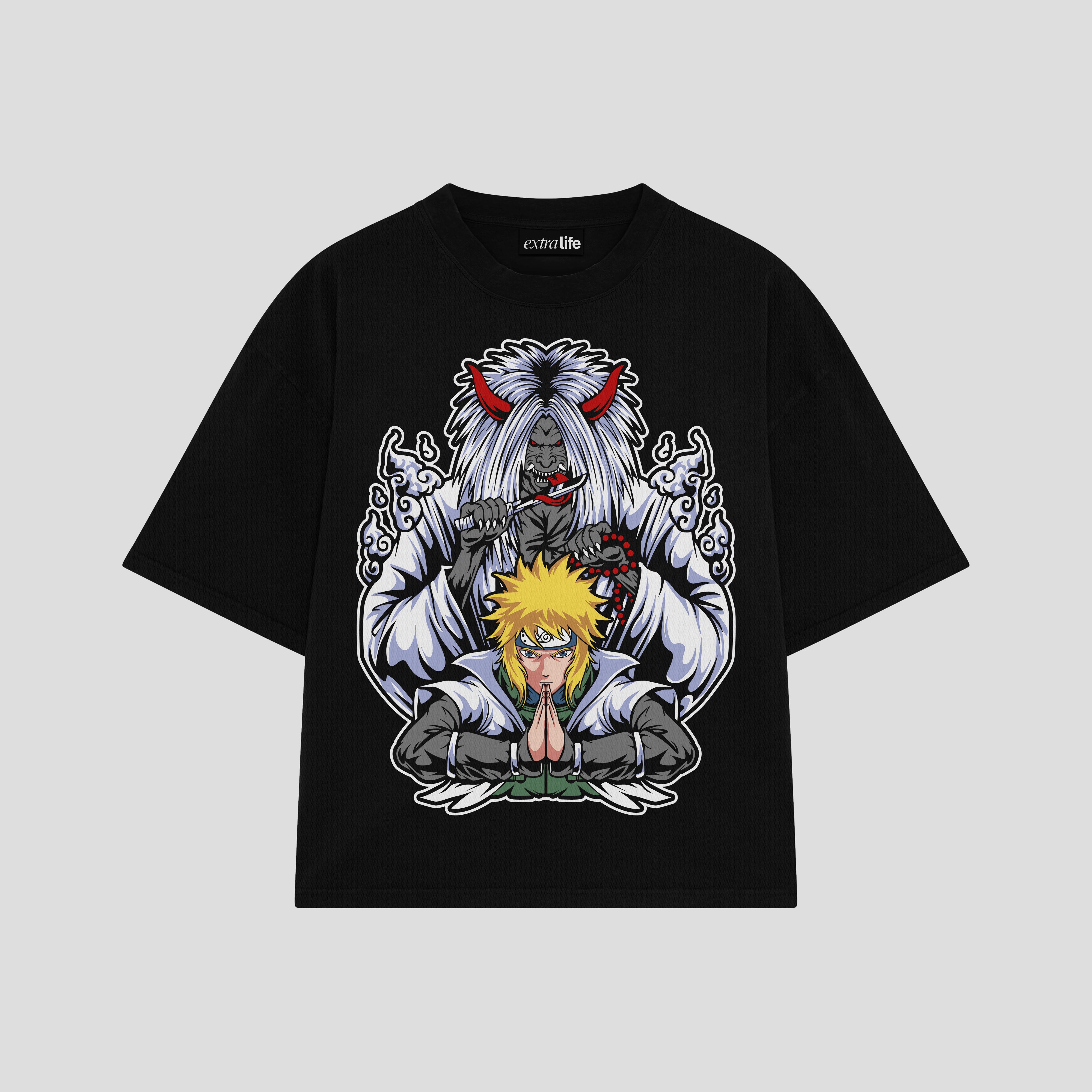 Playera streetwear premium de anime y gaming ExtraLife MX, corte boxy oversized drop shoulder heavyweight en color Deep Black y Off-White, moda urbana mexicana de culto.
