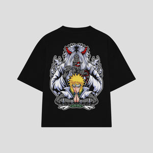 Playera streetwear premium de anime y gaming ExtraLife MX, corte boxy oversized drop shoulder heavyweight en color Deep Black y Off-White, moda urbana mexicana de culto.