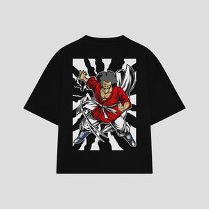 Playera streetwear premium de anime y gaming ExtraLife MX, corte boxy oversized drop shoulder heavyweight en color Deep Black y Off-White, moda urbana mexicana de culto.