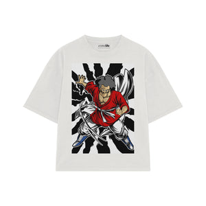 Playera streetwear premium de anime y gaming ExtraLife MX, corte boxy oversized drop shoulder heavyweight en color Deep Black y Off-White, moda urbana mexicana de culto.