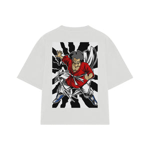 Playera streetwear premium de anime y gaming ExtraLife MX, corte boxy oversized drop shoulder heavyweight en color Deep Black y Off-White, moda urbana mexicana de culto.