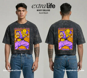 Playera streetwear premium de anime y gaming ExtraLife MX, corte boxy deluxe mineral wash heavyweight en color Acid Wash, moda urbana mexicana de culto.