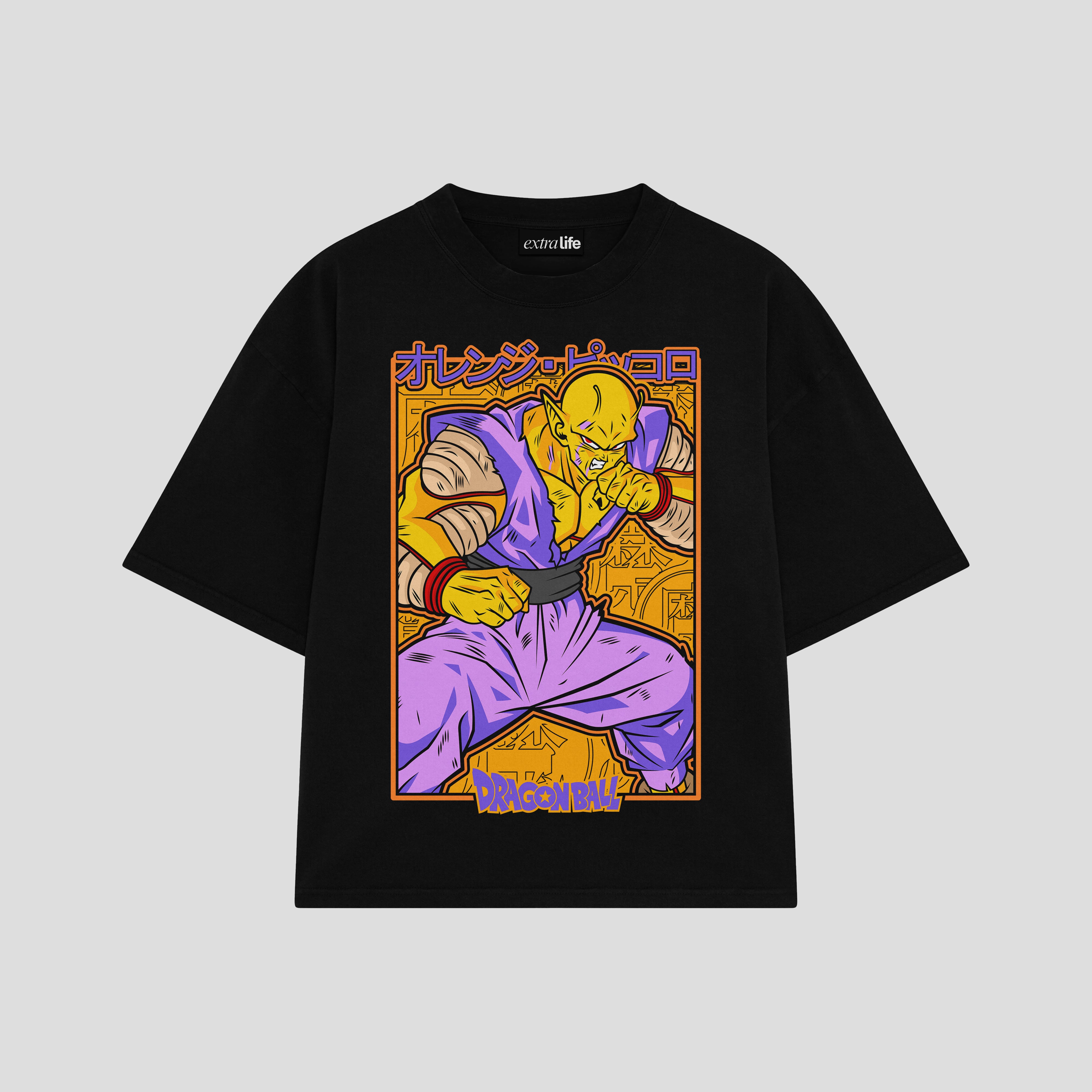 Playera streetwear premium de anime y gaming ExtraLife MX, corte boxy oversized drop shoulder heavyweight en color Deep Black y Off-White, moda urbana mexicana de culto.