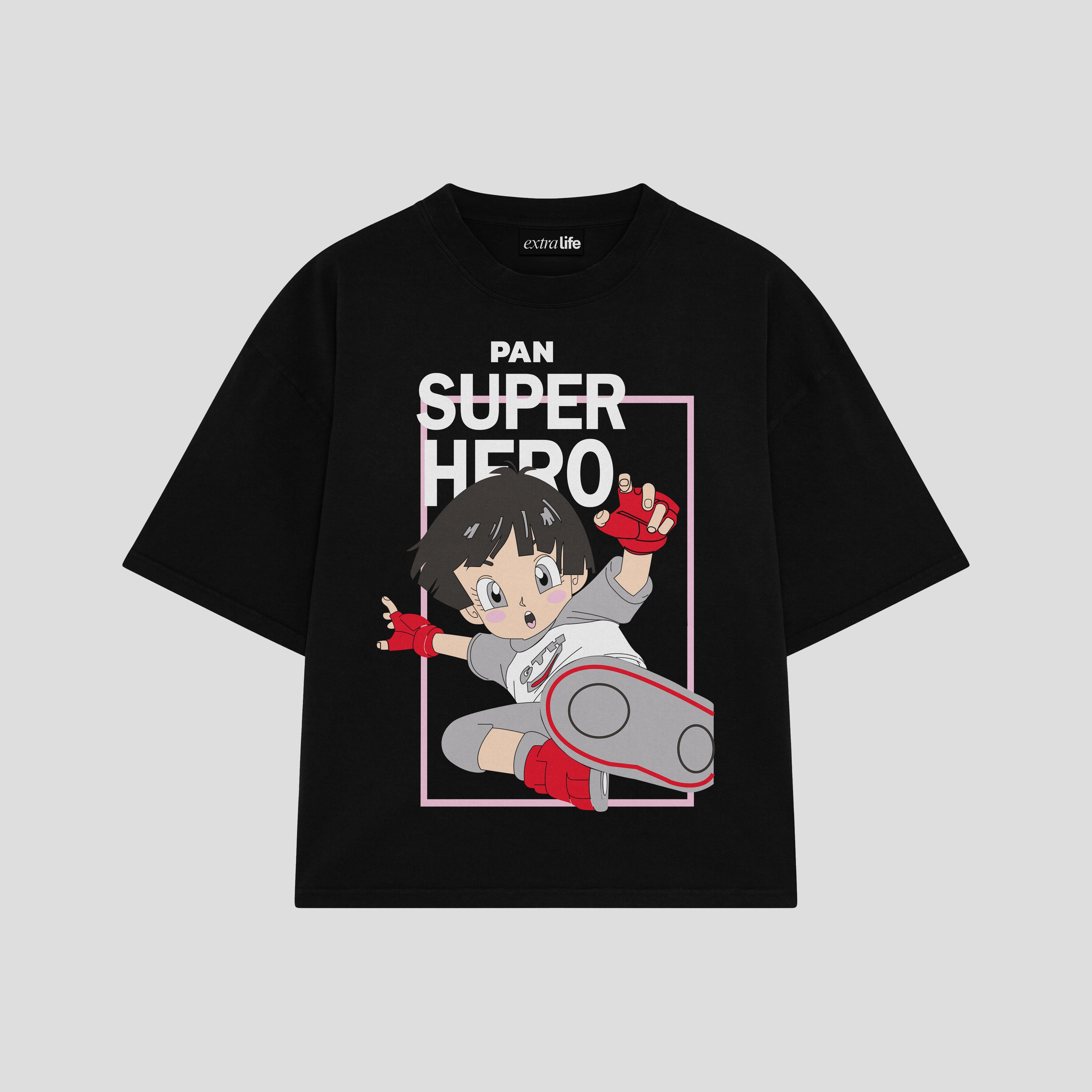 Playera streetwear premium de anime y gaming ExtraLife MX, corte boxy oversized drop shoulder heavyweight en color Deep Black y Off-White, moda urbana mexicana de culto.