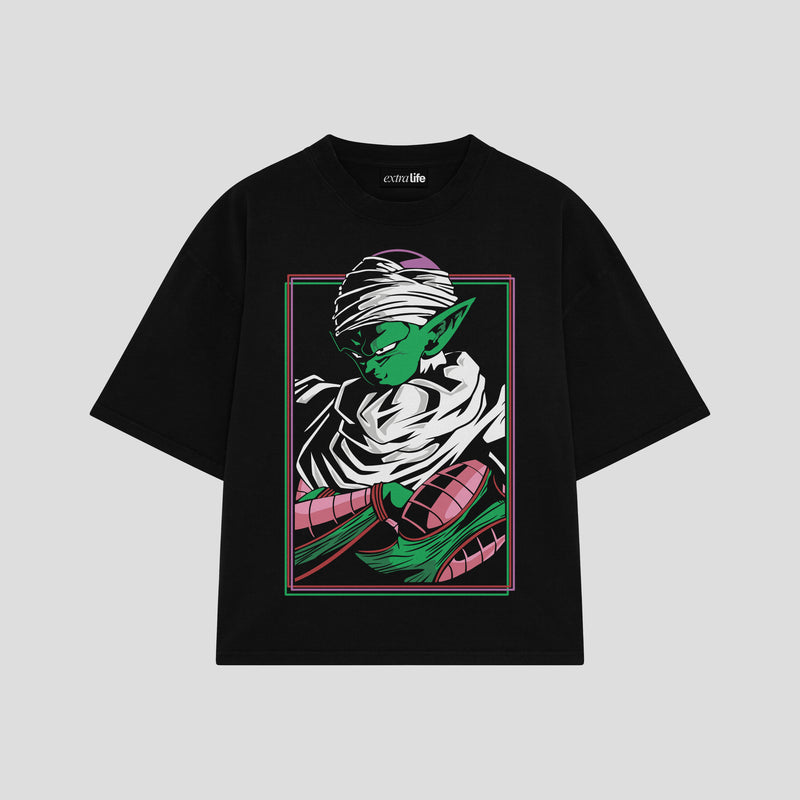 Playera streetwear premium de anime y gaming ExtraLife MX, corte boxy oversized drop shoulder heavyweight en color Deep Black y Off-White, moda urbana mexicana de culto.