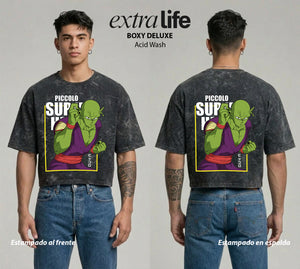 Playera streetwear premium de anime y gaming ExtraLife MX, corte boxy deluxe mineral wash heavyweight en color Acid Wash, moda urbana mexicana de culto.