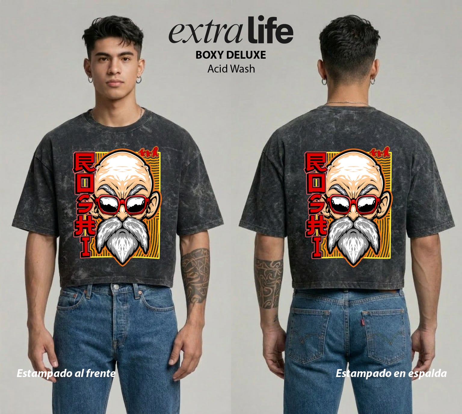 Playera streetwear premium de anime y gaming ExtraLife MX, corte boxy deluxe mineral wash heavyweight en color Acid Wash, moda urbana mexicana de culto.