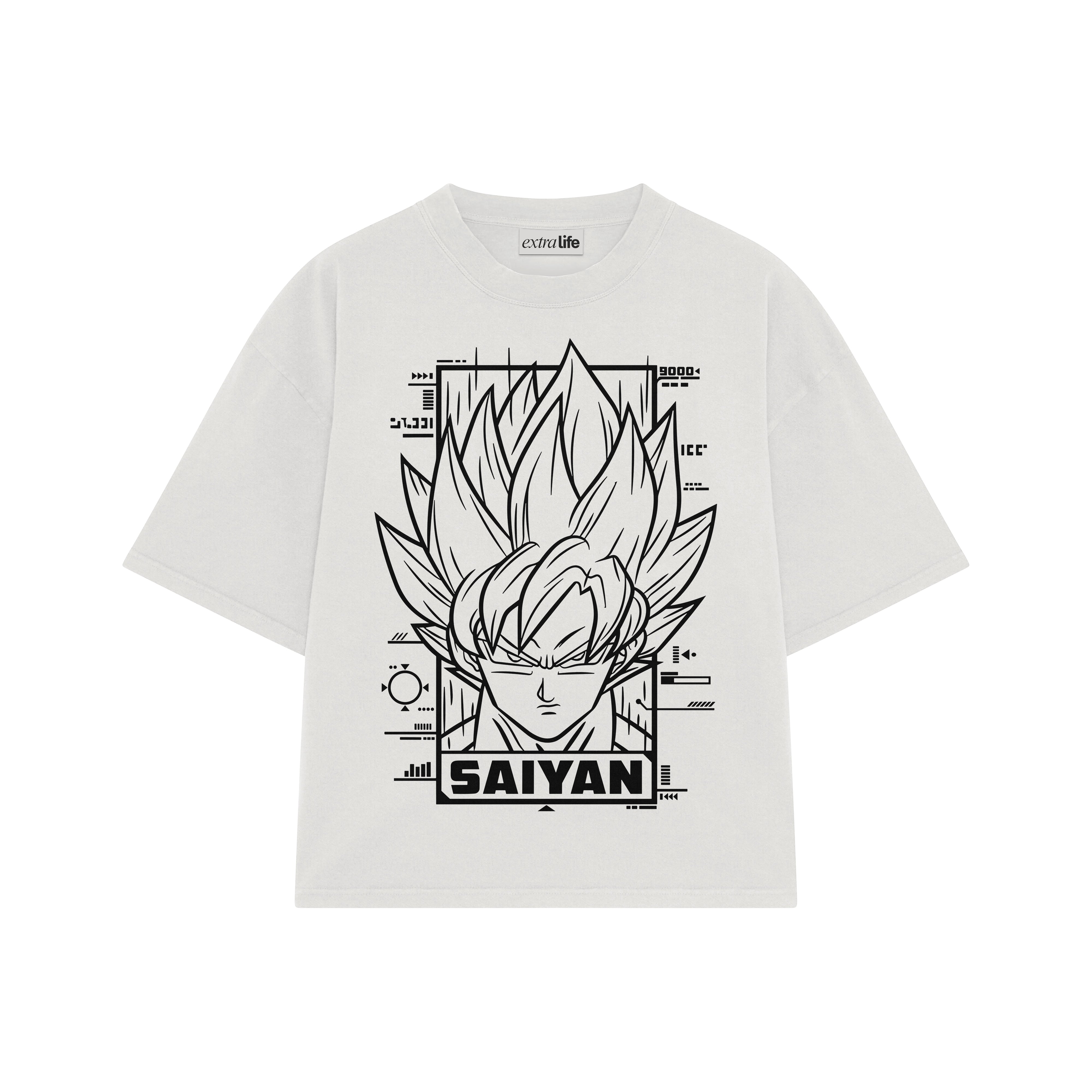 Playera streetwear premium de anime y gaming ExtraLife MX, corte boxy oversized drop shoulder heavyweight en color Deep Black y Off-White, moda urbana mexicana de culto.