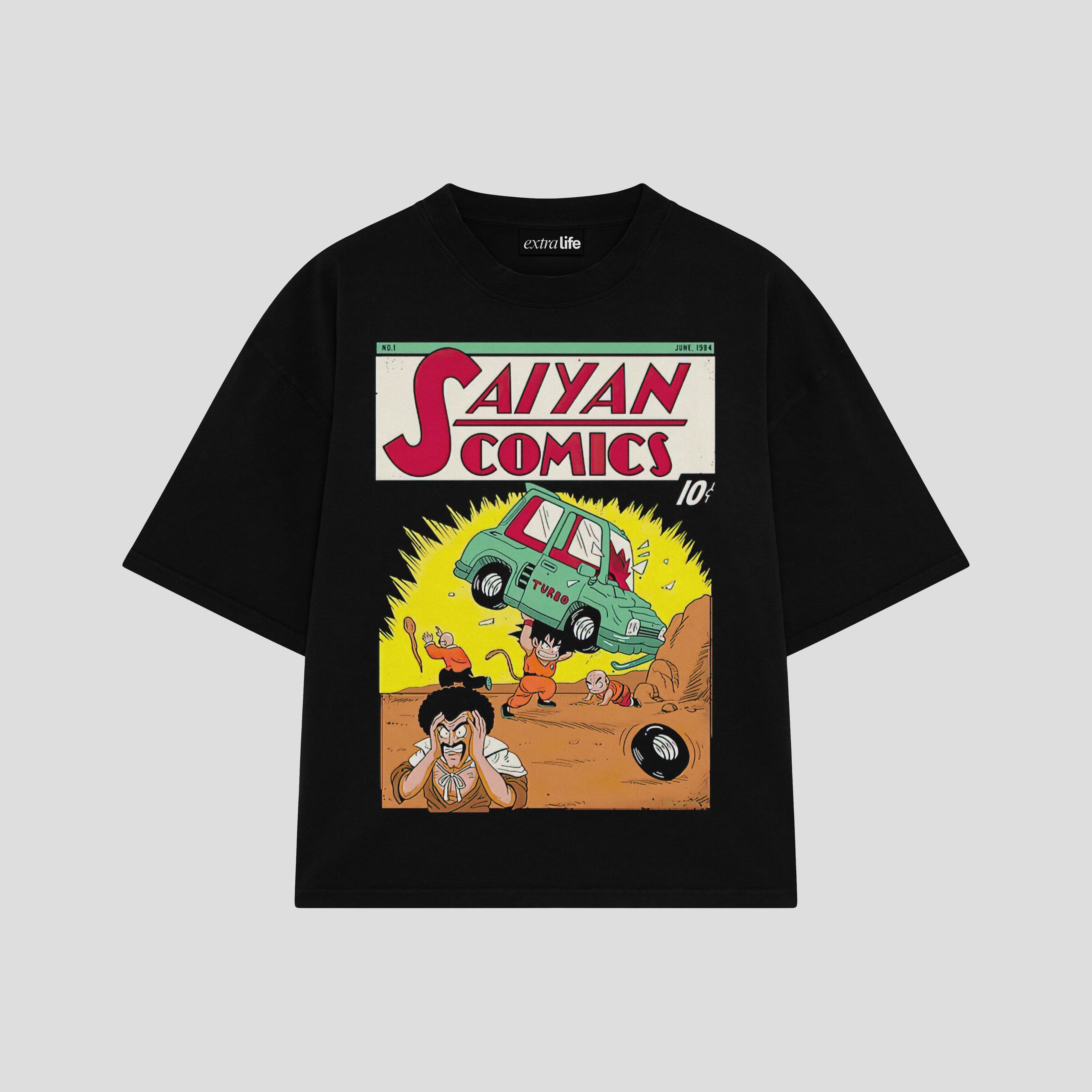 Playera streetwear premium de anime y gaming ExtraLife MX, corte boxy oversized drop shoulder heavyweight en color Deep Black y Off-White, moda urbana mexicana de culto.