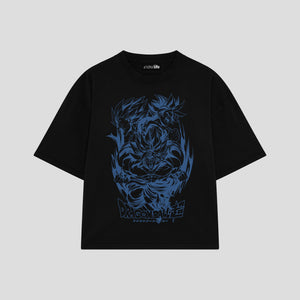 Playera streetwear premium de anime y gaming ExtraLife MX, corte boxy oversized drop shoulder heavyweight en color Deep Black y Off-White, moda urbana mexicana de culto.