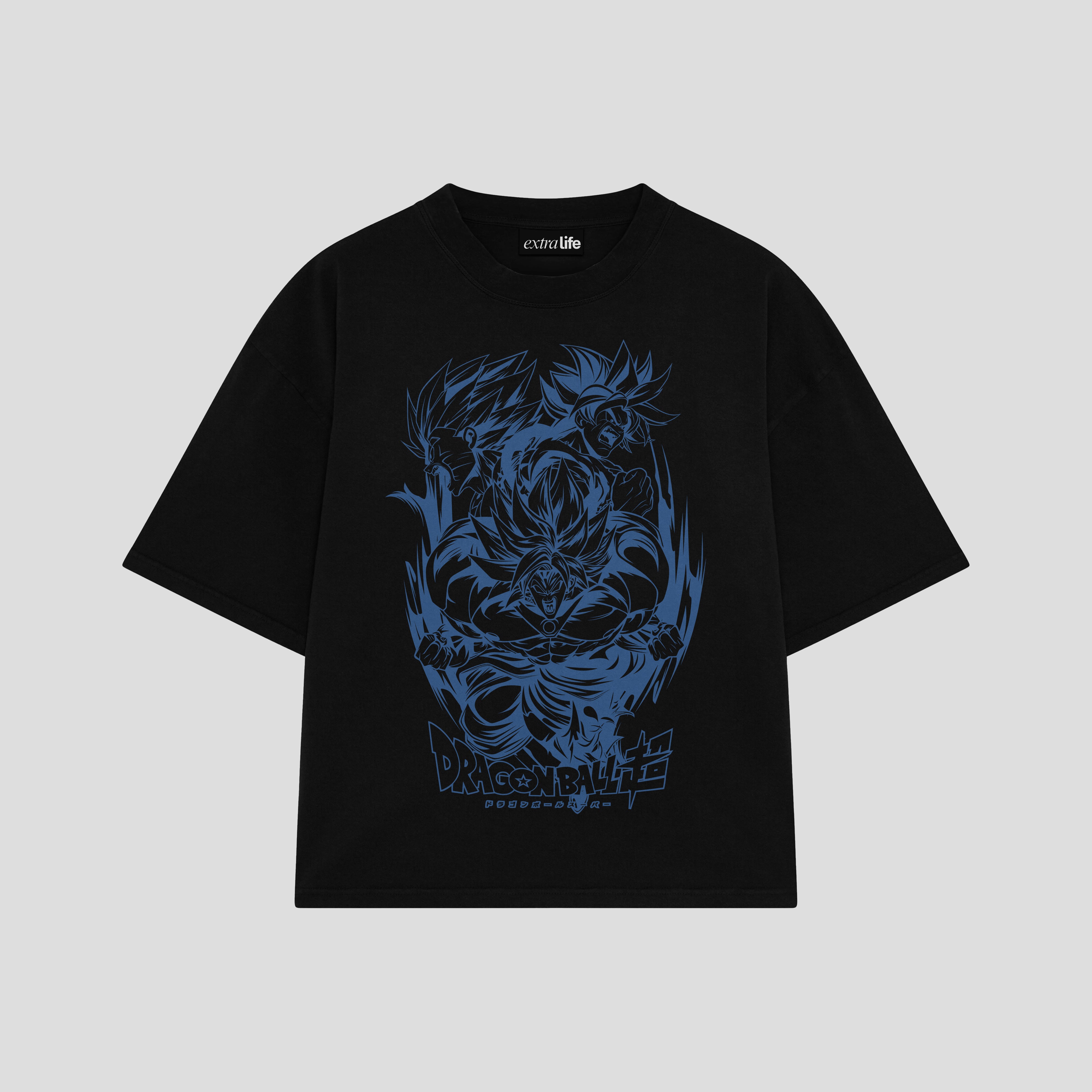 Playera streetwear premium de anime y gaming ExtraLife MX, corte boxy oversized drop shoulder heavyweight en color Deep Black y Off-White, moda urbana mexicana de culto.