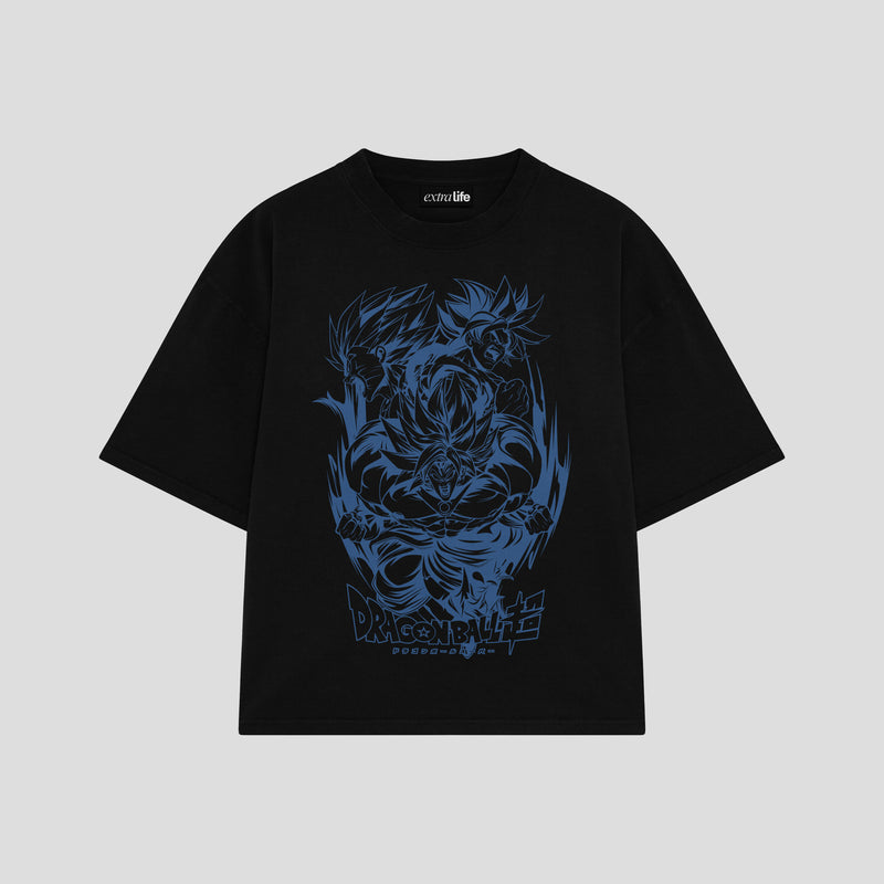 Playera streetwear premium de anime y gaming ExtraLife MX, corte boxy oversized drop shoulder heavyweight en color Deep Black y Off-White, moda urbana mexicana de culto.