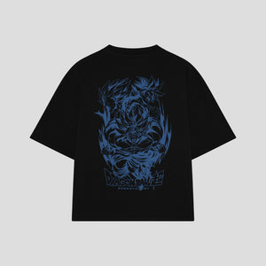 Playera streetwear premium de anime y gaming ExtraLife MX, corte boxy oversized drop shoulder heavyweight en color Deep Black y Off-White, moda urbana mexicana de culto.