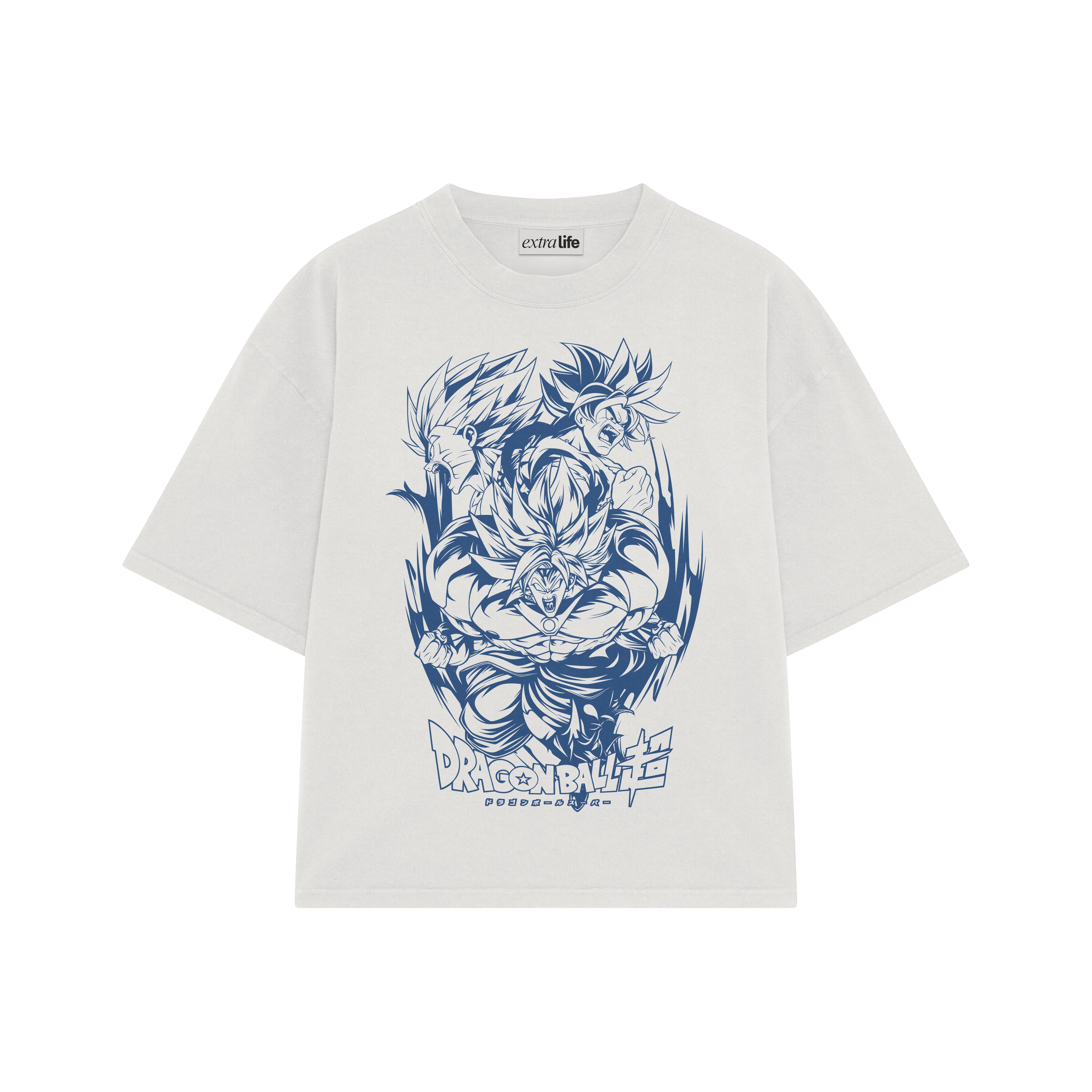 Playera streetwear premium de anime y gaming ExtraLife MX, corte boxy oversized drop shoulder heavyweight en color Deep Black y Off-White, moda urbana mexicana de culto.