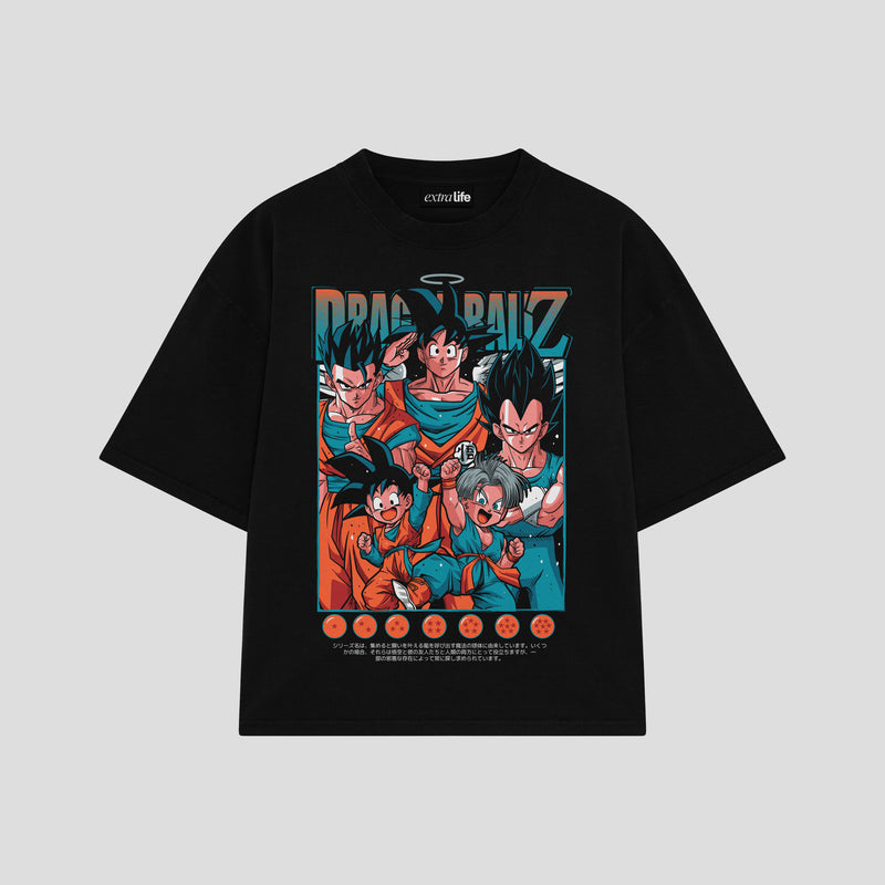Playera streetwear premium de anime y gaming ExtraLife MX, corte boxy oversized drop shoulder heavyweight en color Deep Black y Off-White, moda urbana mexicana de culto.