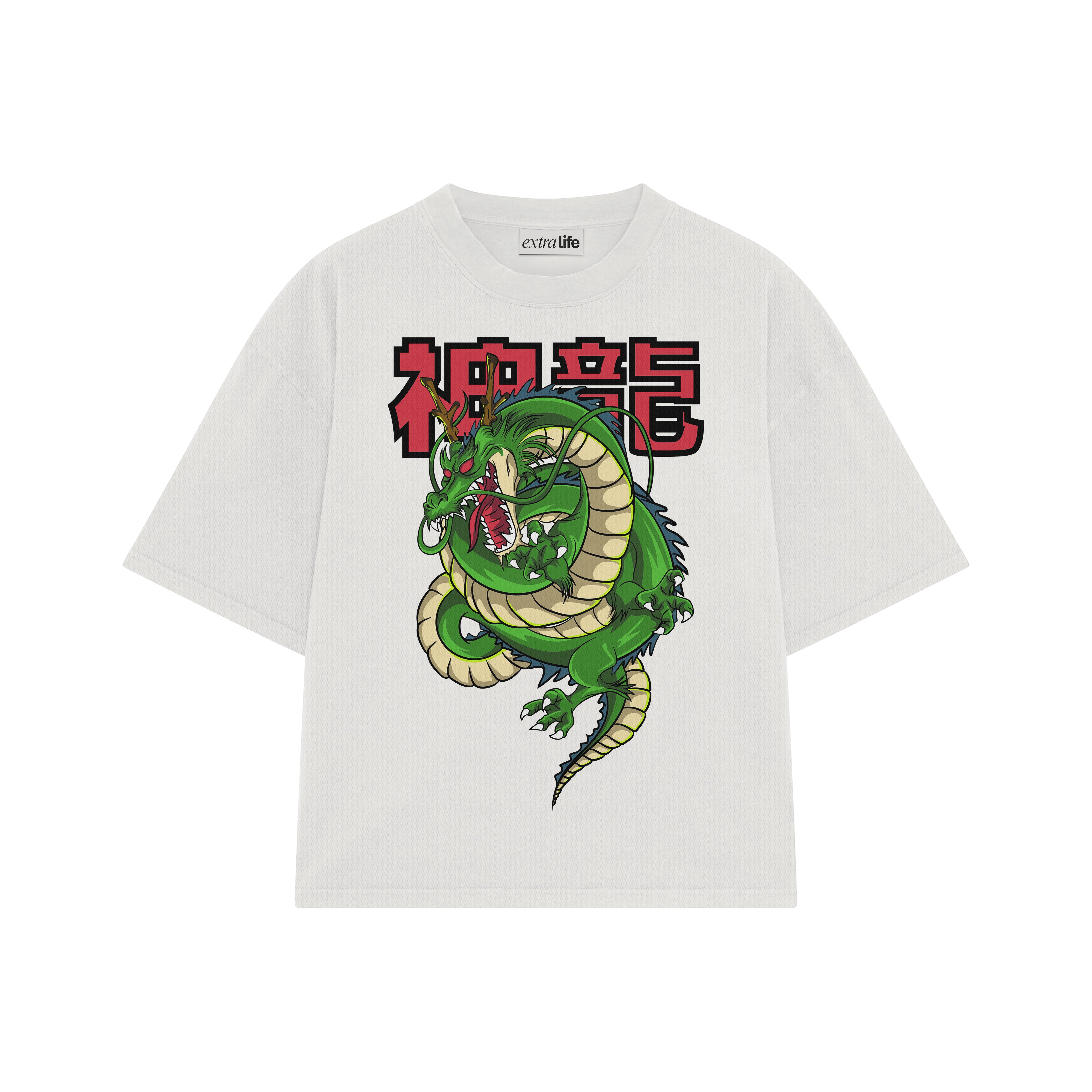 Playera streetwear premium de anime y gaming ExtraLife MX, corte boxy oversized drop shoulder heavyweight en color Deep Black y Off-White, moda urbana mexicana de culto.
