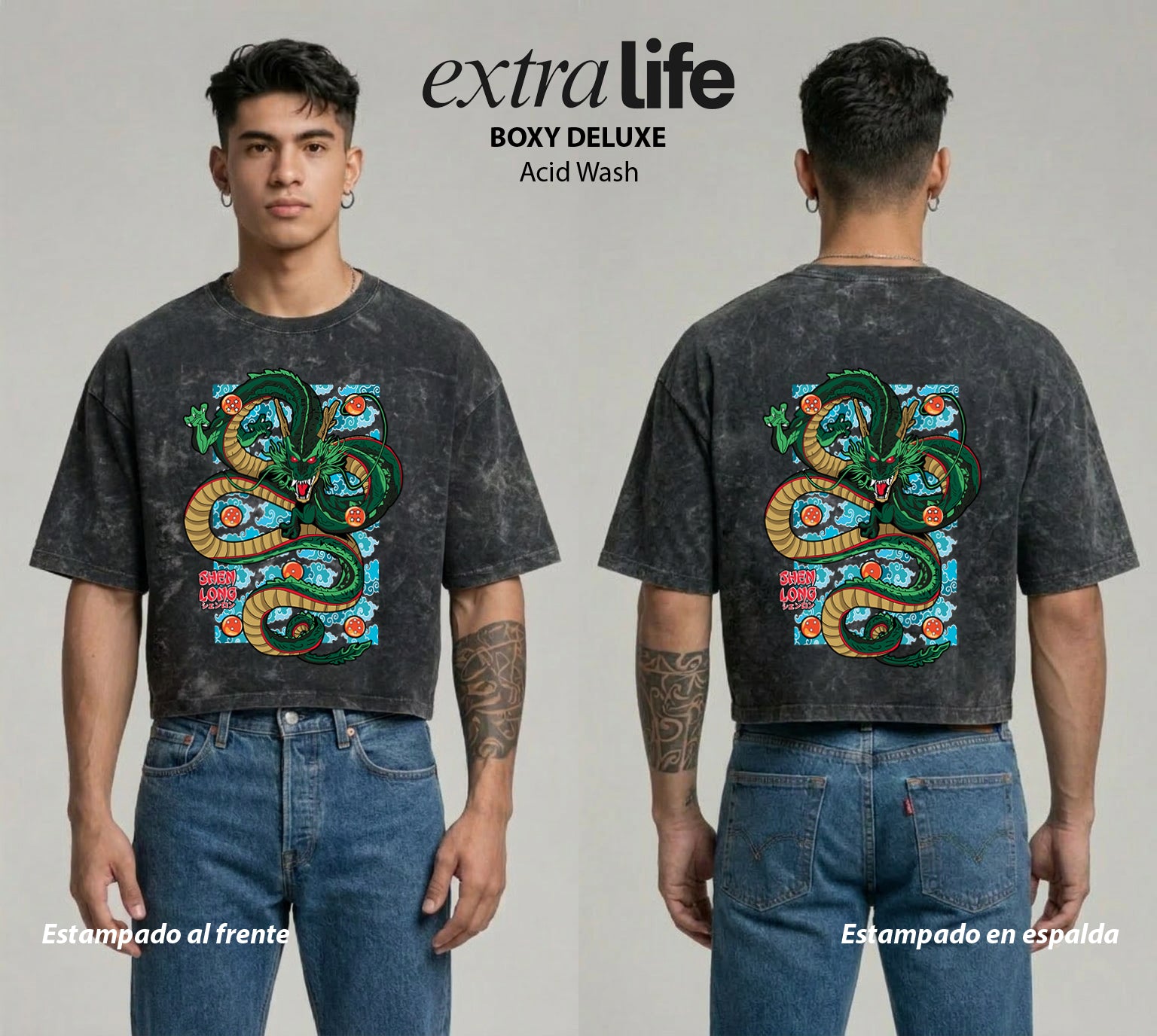Playera streetwear premium de anime y gaming ExtraLife MX, corte boxy deluxe mineral wash heavyweight en color Acid Wash, moda urbana mexicana de culto.