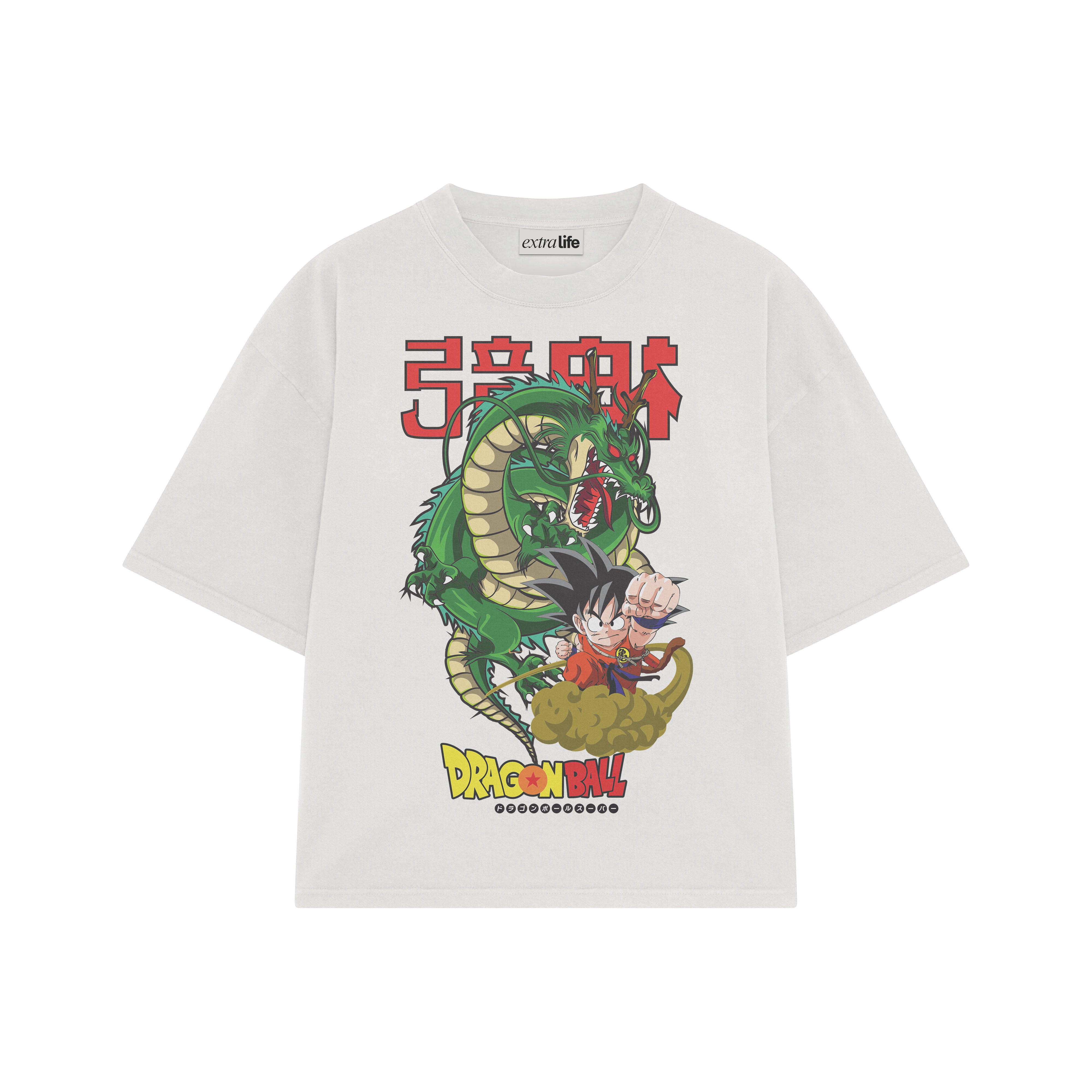 Playera streetwear premium de anime y gaming ExtraLife MX, corte boxy oversized drop shoulder heavyweight en color Deep Black y Off-White, moda urbana mexicana de culto.
