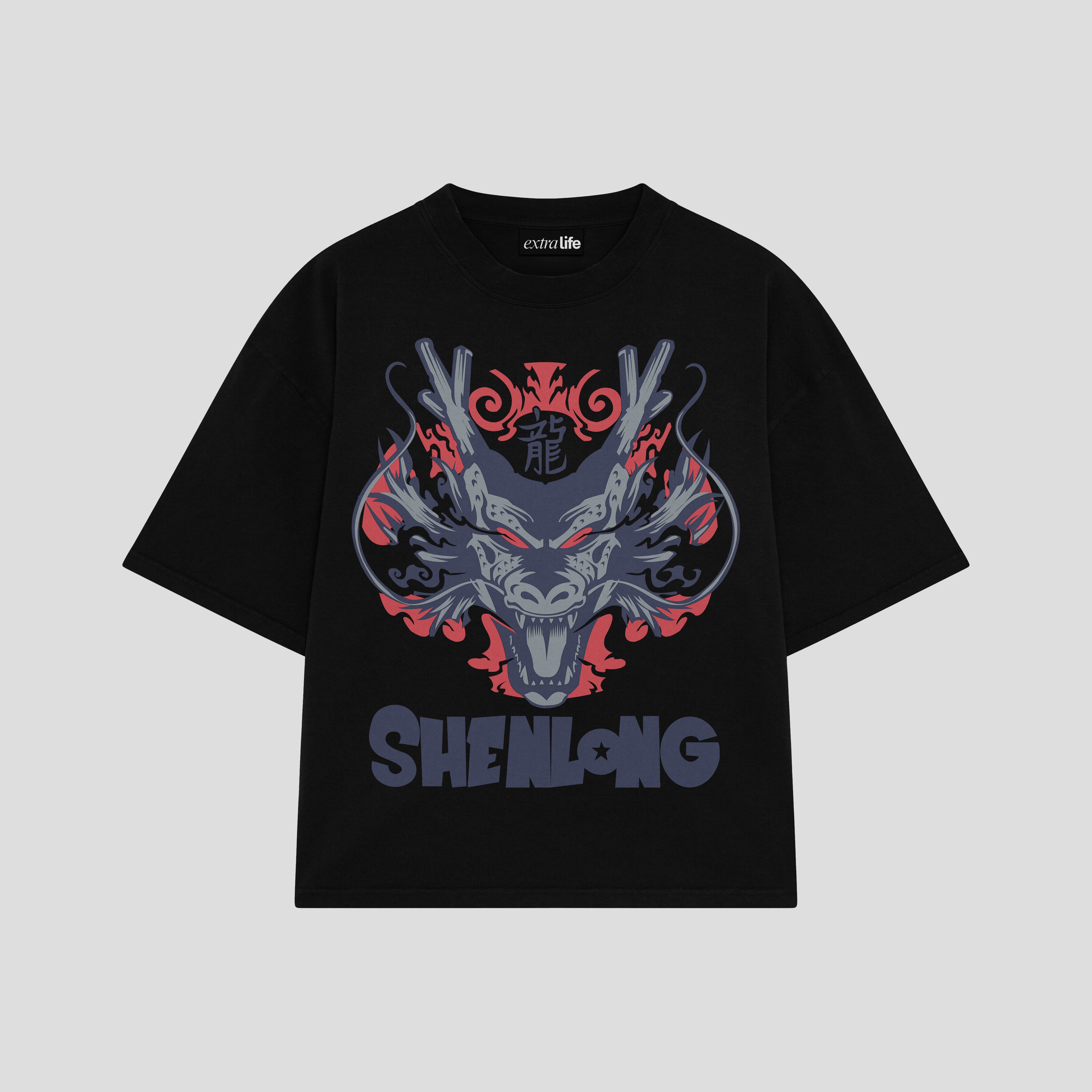 Playera streetwear premium de anime y gaming ExtraLife MX, corte boxy oversized drop shoulder heavyweight en color Deep Black y Off-White, moda urbana mexicana de culto.