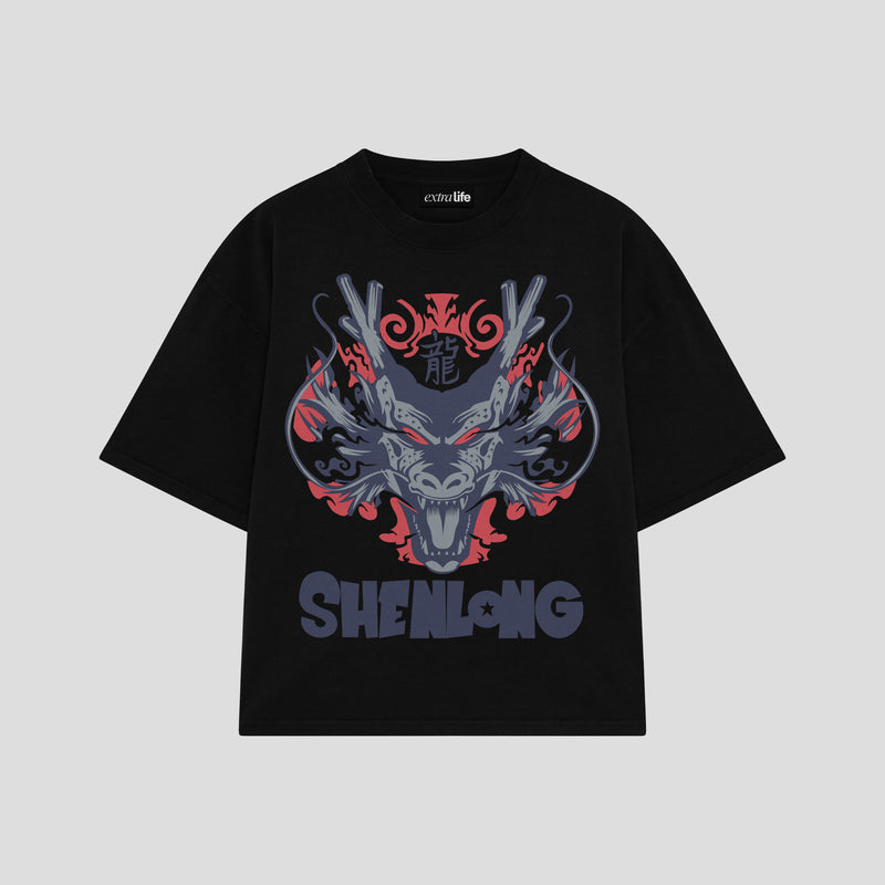 Playera streetwear premium de anime y gaming ExtraLife MX, corte boxy oversized drop shoulder heavyweight en color Deep Black y Off-White, moda urbana mexicana de culto.