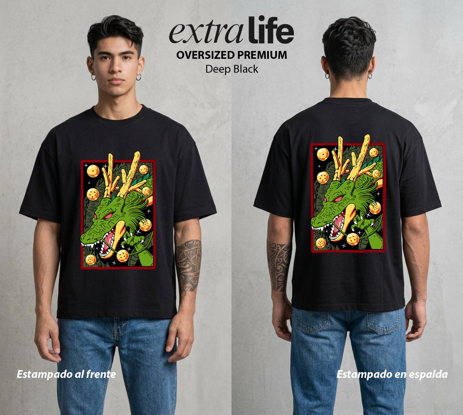 El Poder de las Esferas | El Dragon de los Deseos #00881 - Playera Oversized Premium | Deep Black - Foto en modelo