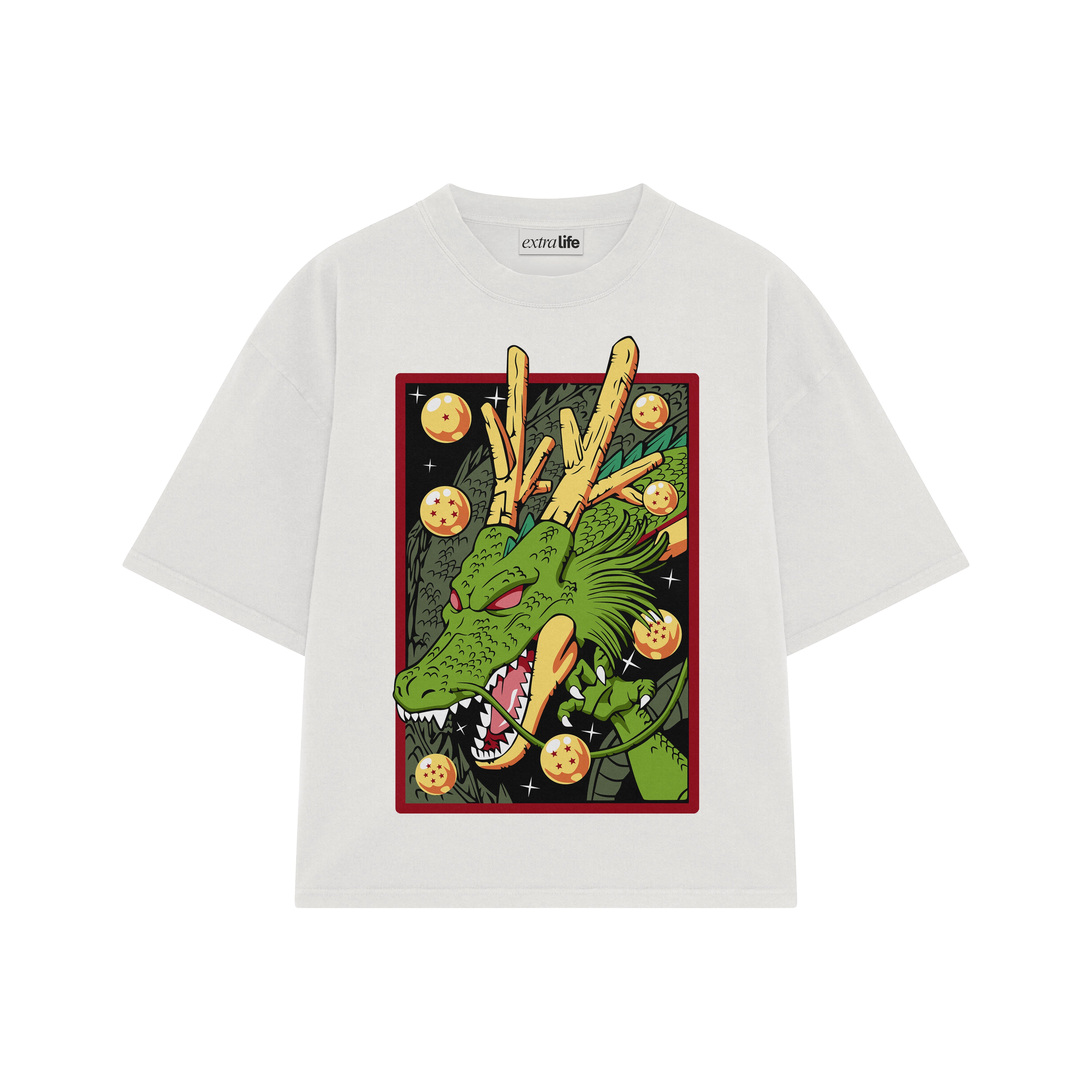 Playera streetwear premium de anime y gaming ExtraLife MX, corte boxy oversized drop shoulder heavyweight en color Deep Black y Off-White, moda urbana mexicana de culto.