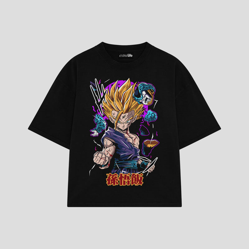 Playera streetwear premium de anime y gaming ExtraLife MX, corte boxy oversized drop shoulder heavyweight en color Deep Black y Off-White, moda urbana mexicana de culto.