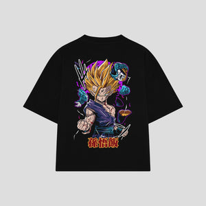 Playera streetwear premium de anime y gaming ExtraLife MX, corte boxy oversized drop shoulder heavyweight en color Deep Black y Off-White, moda urbana mexicana de culto.