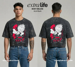 Playera streetwear premium de anime y gaming ExtraLife MX, corte boxy deluxe mineral wash heavyweight en color Acid Wash, moda urbana mexicana de culto.